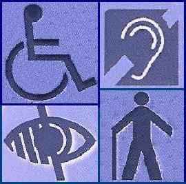 Accessibility symbols wheelchair, hearing, vision, ambulant disabled.  Access is more than building ramps!
